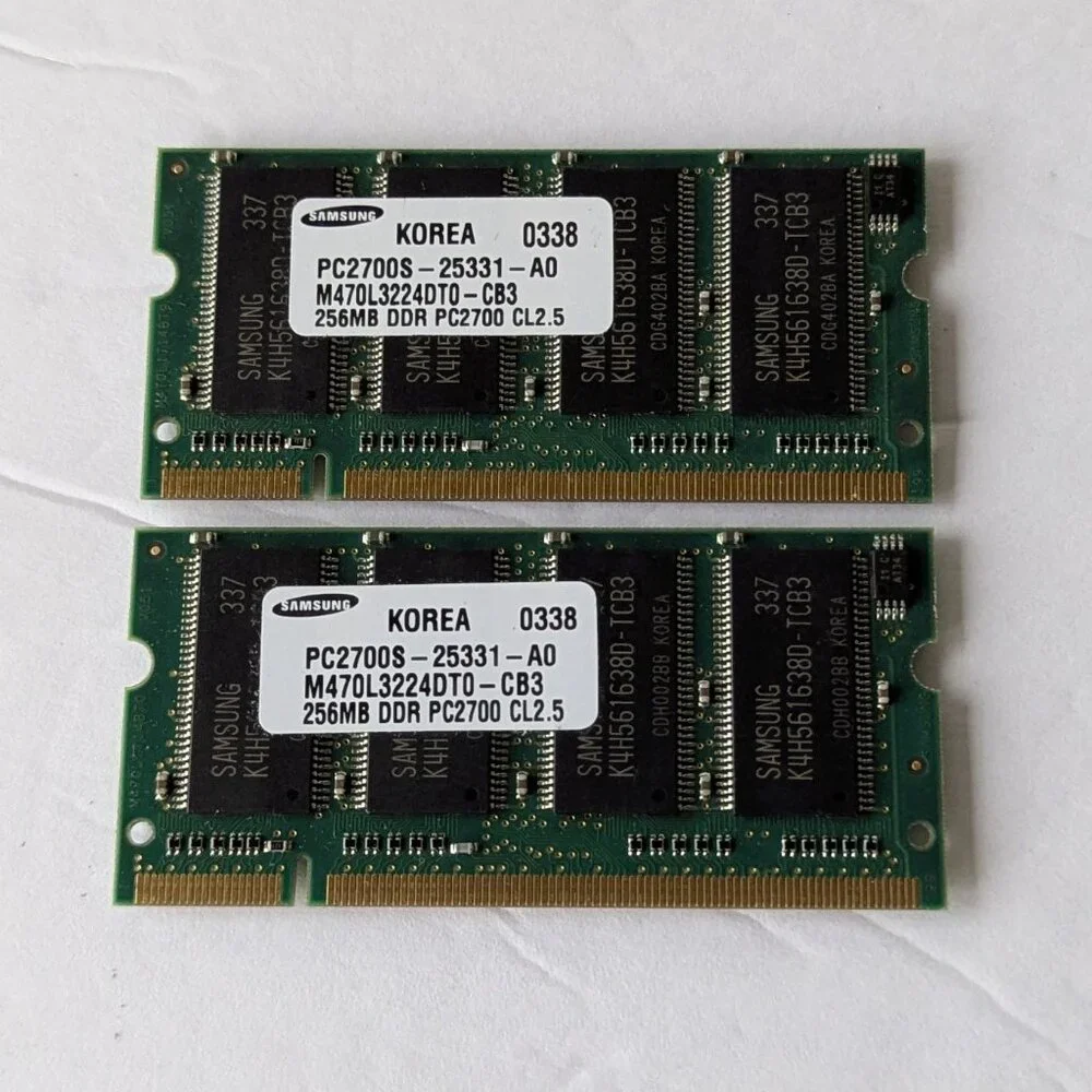 Two Samsung 256MB DDR PC2700S-25331-A0 333MHz  Memory M470L3224DT0-CB3 SoDimm